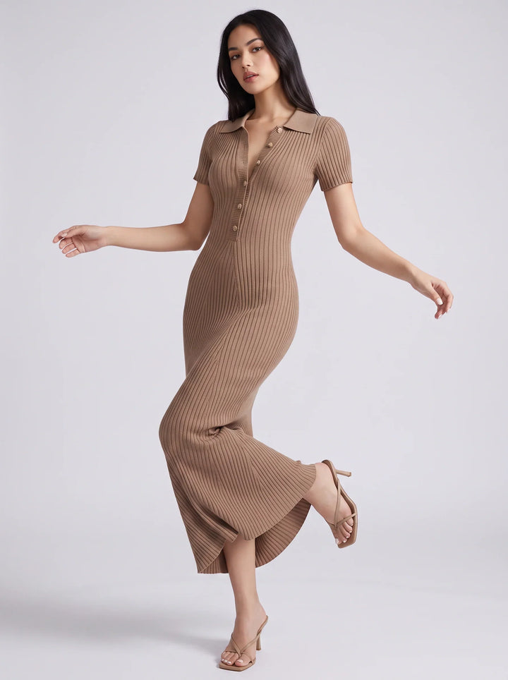 Melissa | Ribbed Knit Polo Evening Dress with Button Front and Short Sleeves