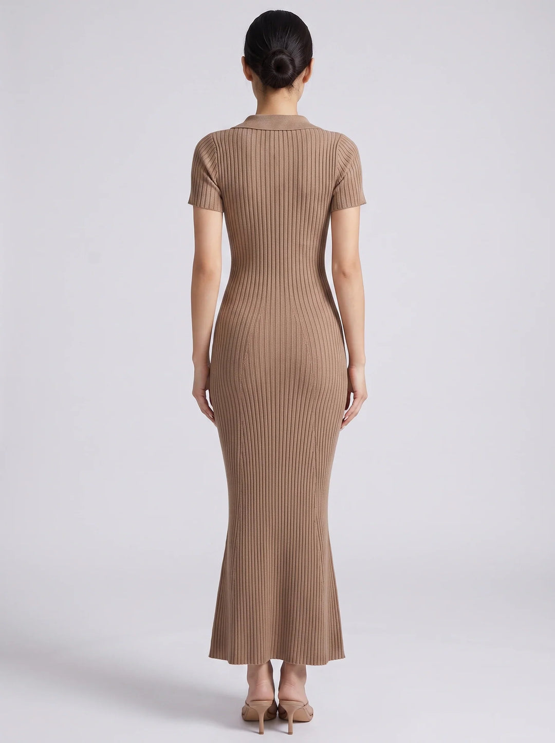 Melissa | Ribbed Knit Polo Evening Dress with Button Front and Short Sleeves