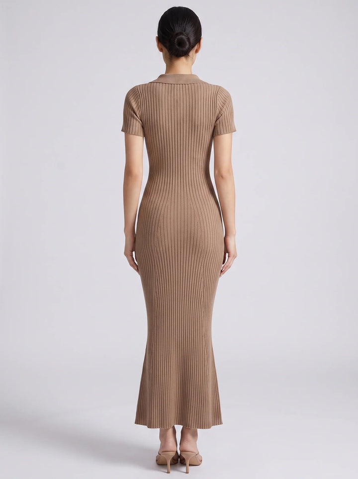 Melissa | Ribbed Knit Polo Evening Dress with Button Front and Short Sleeves