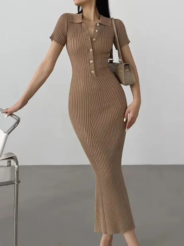 Melissa | Ribbed Knit Polo Evening Dress with Button Front and Short Sleeves