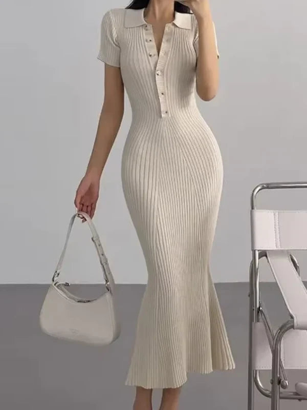 Melissa | Ribbed Knit Polo Evening Dress with Button Front and Short Sleeves