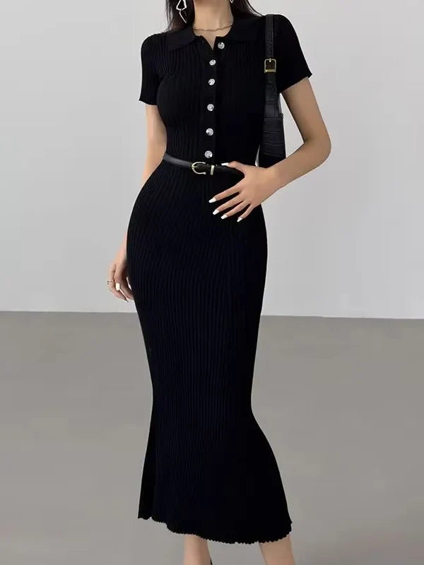 Melissa | Ribbed Knit Polo Evening Dress with Button Front and Short Sleeves