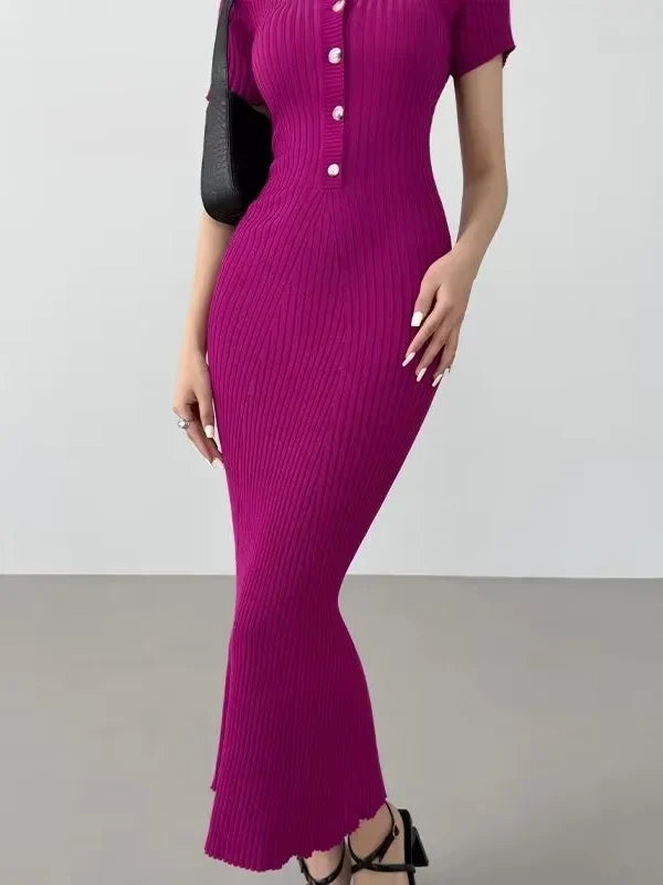 Melissa | Ribbed Knit Polo Evening Dress with Button Front and Short Sleeves