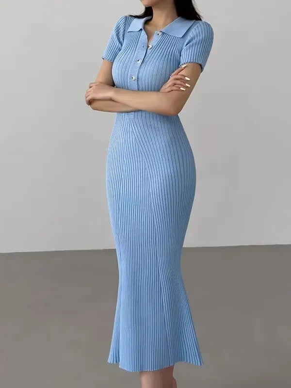Melissa | Ribbed Knit Polo Evening Dress with Button Front and Short Sleeves