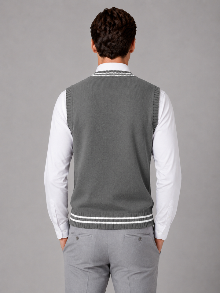 Cable Knit Sweater Vest for Men – V-Neck, Contrast Stripe, Ribbed Trim