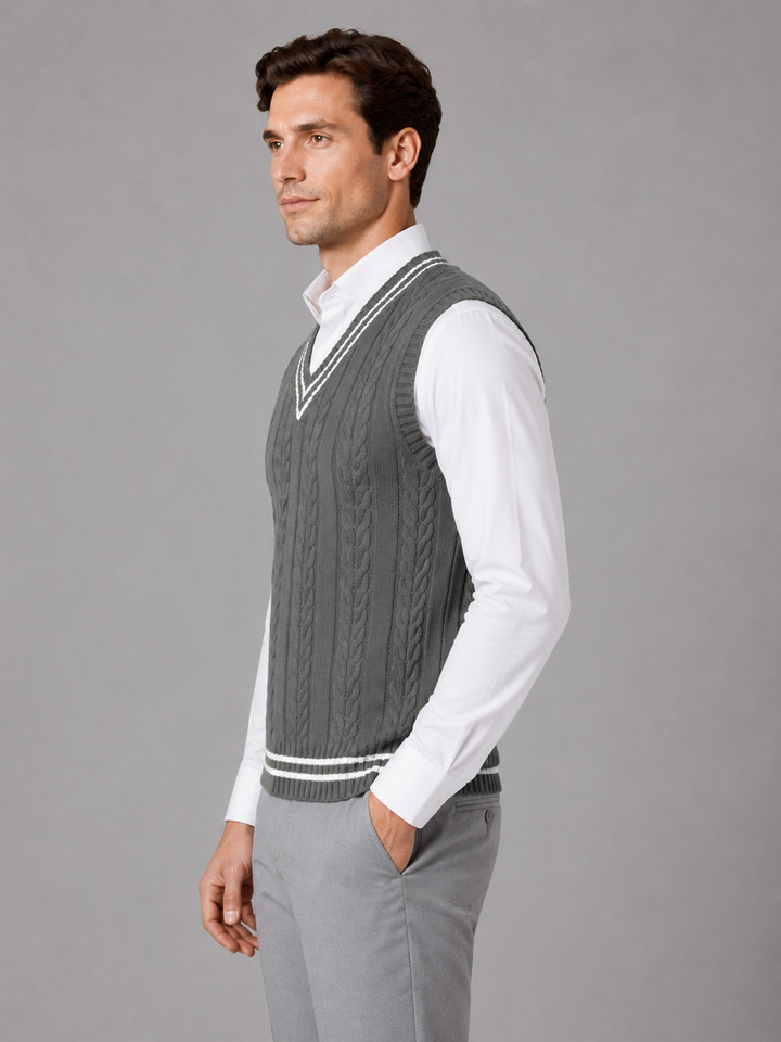 Cable Knit Sweater Vest for Men – V-Neck, Contrast Stripe, Ribbed Trim