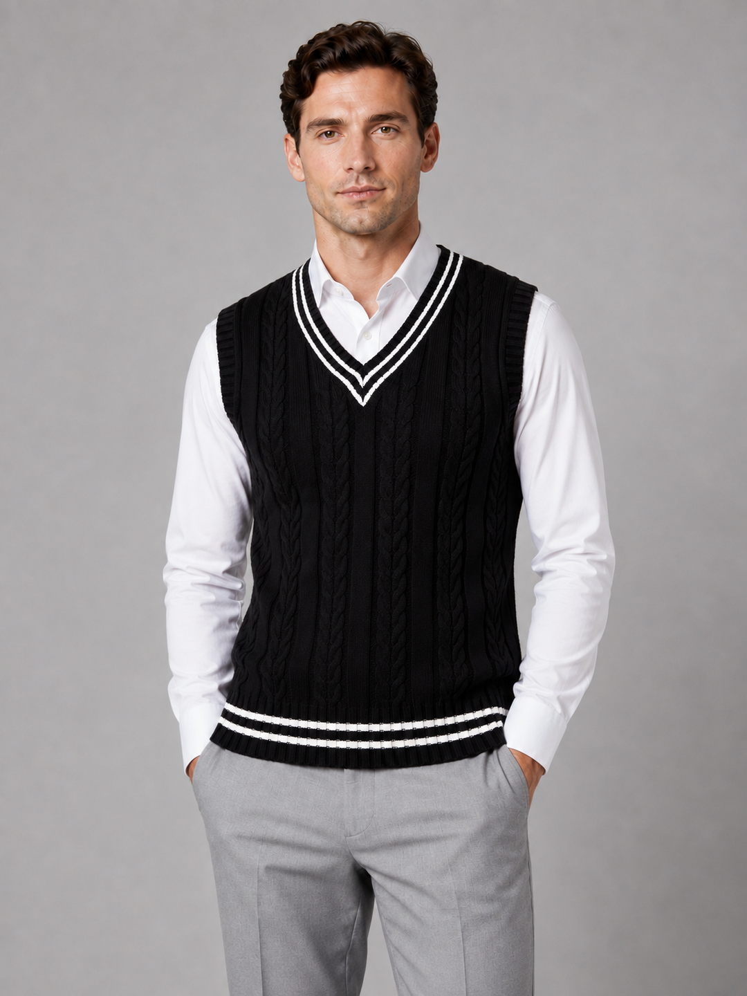 Cable Knit Sweater Vest for Men – V-Neck, Contrast Stripe, Ribbed Trim