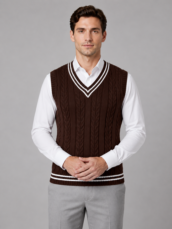 Cable Knit Sweater Vest for Men – V-Neck, Contrast Stripe, Ribbed Trim