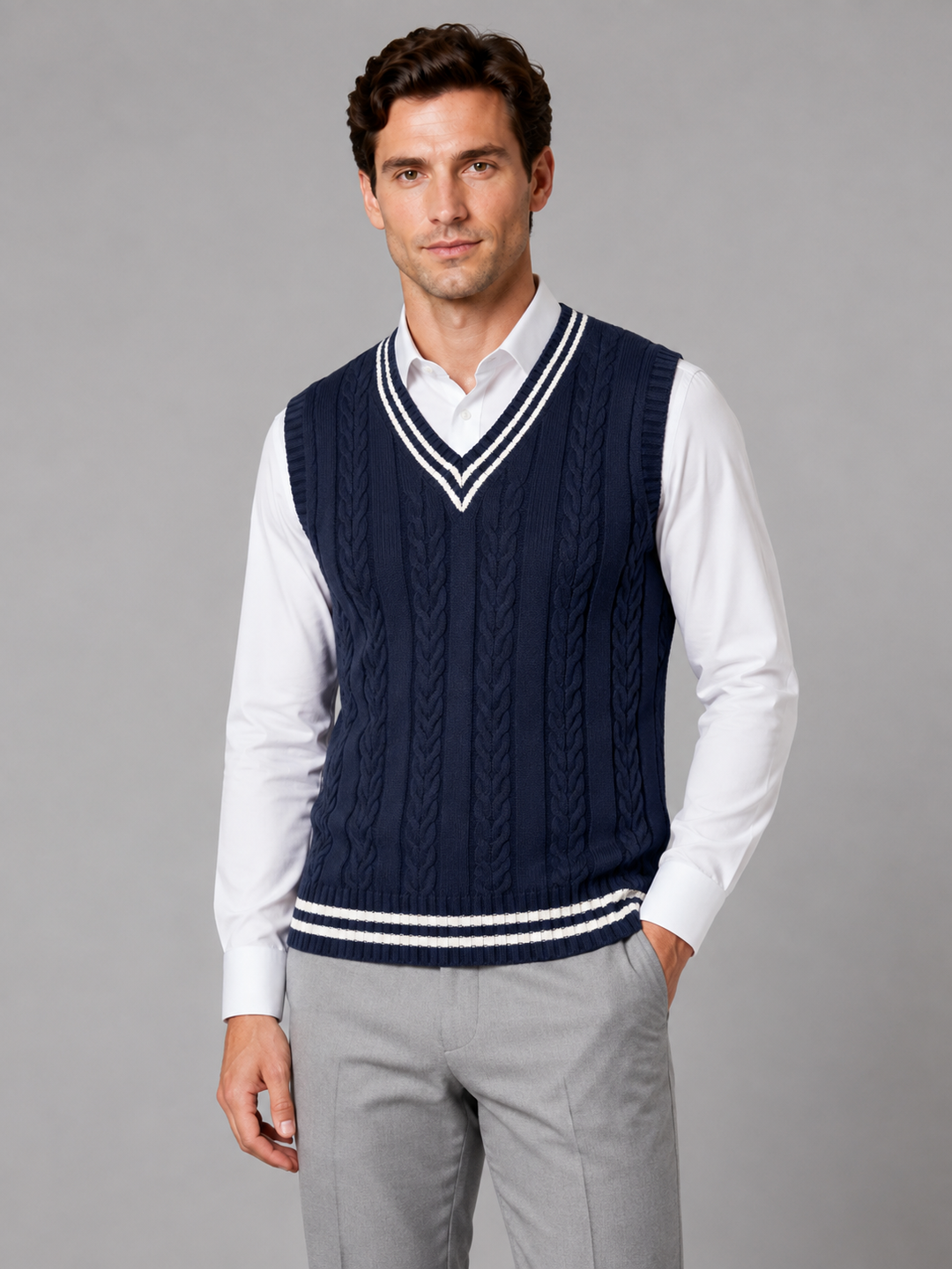 Cable Knit Sweater Vest for Men – V-Neck, Contrast Stripe, Ribbed Trim