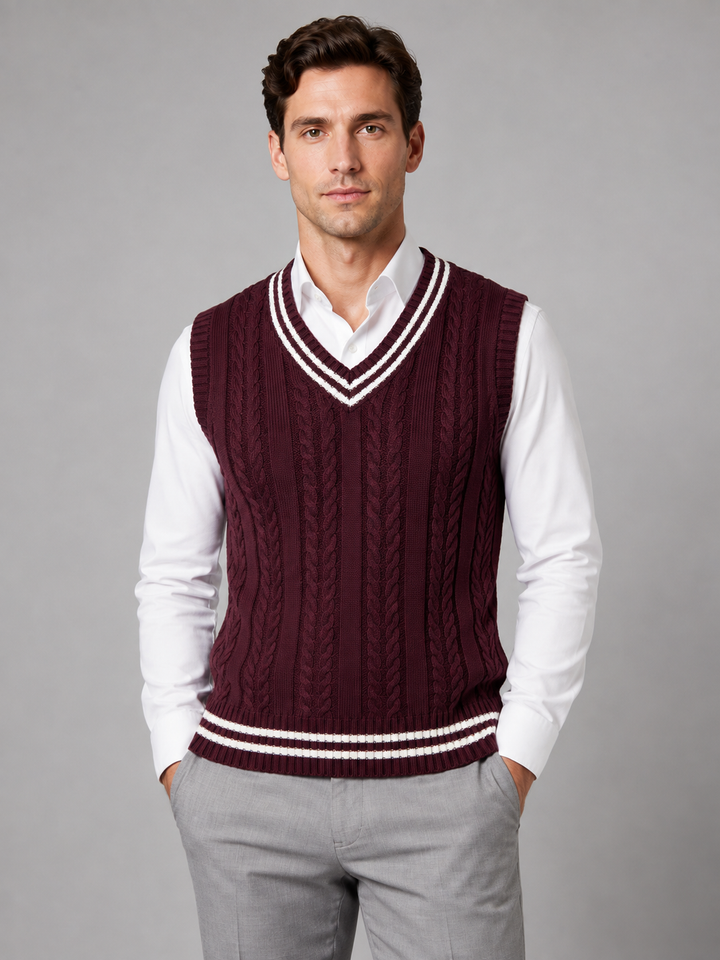 Cable Knit Sweater Vest for Men – V-Neck, Contrast Stripe, Ribbed Trim