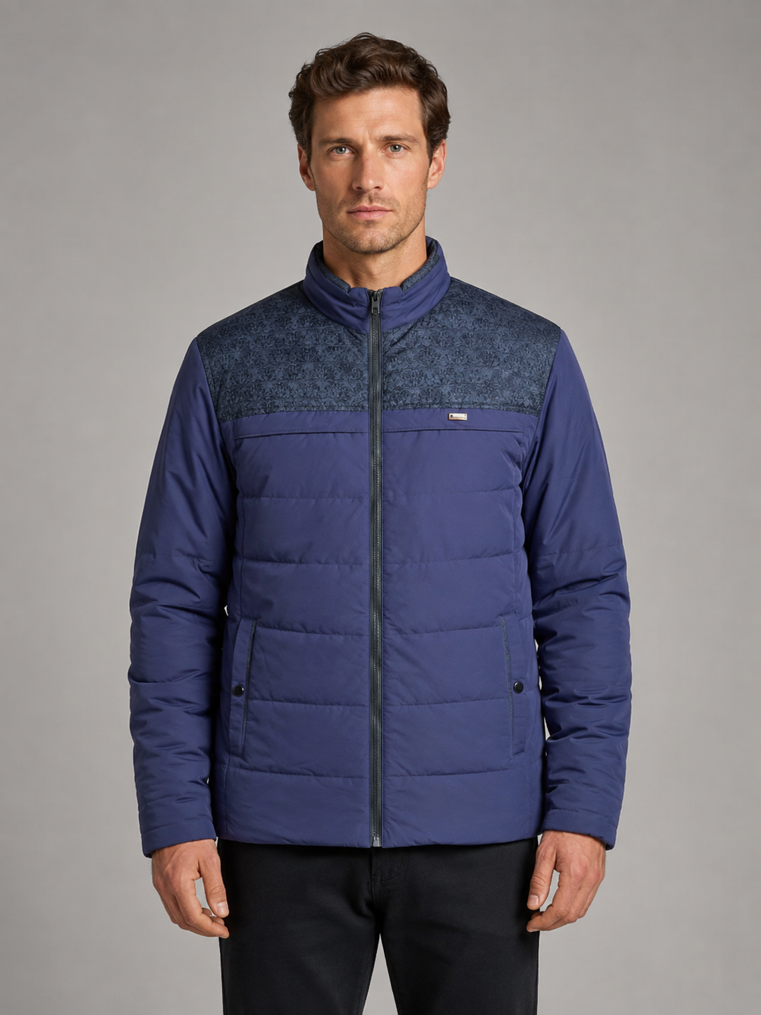 Fleece-Lined Padded Jacket for Men – High Stand Collar, Full Zip, Side Pockets