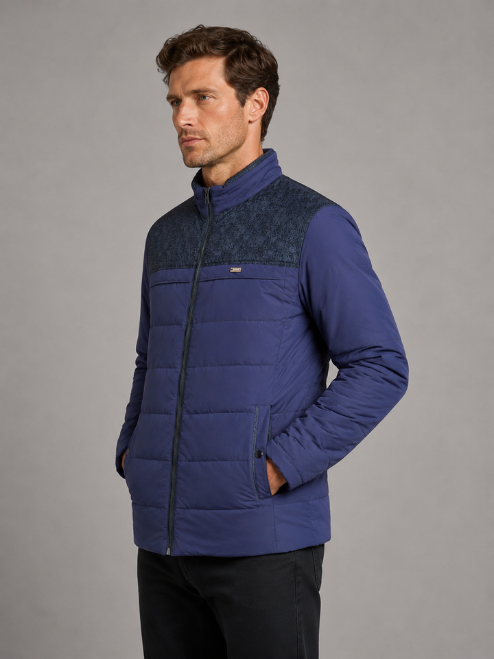 Fleece-Lined Padded Jacket for Men – High Stand Collar, Full Zip, Side Pockets