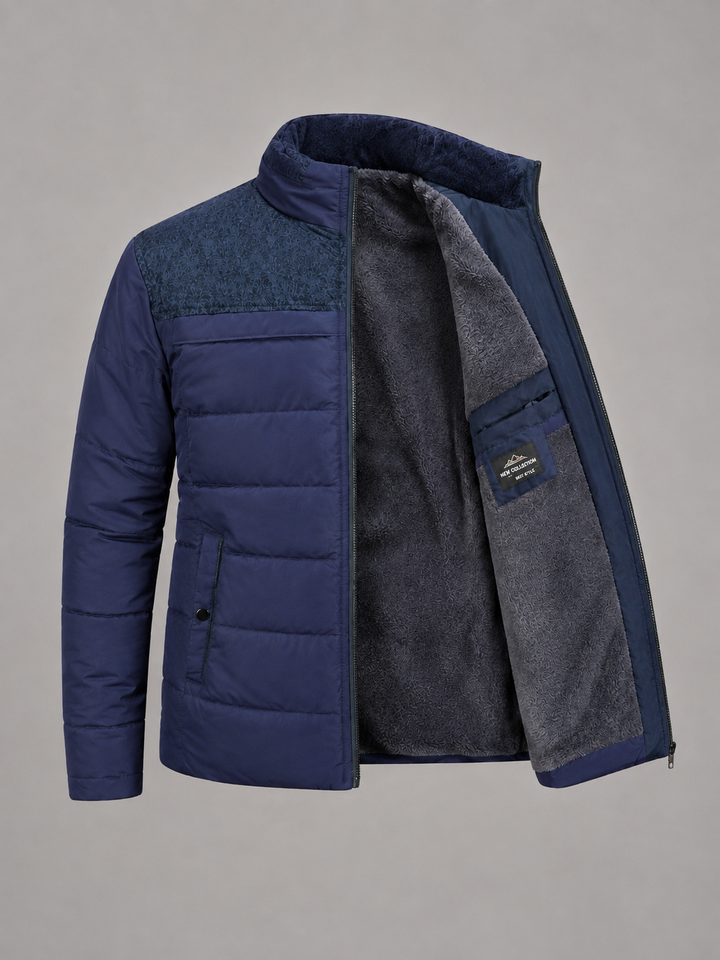 Fleece-Lined Padded Jacket for Men – High Stand Collar, Full Zip, Side Pockets