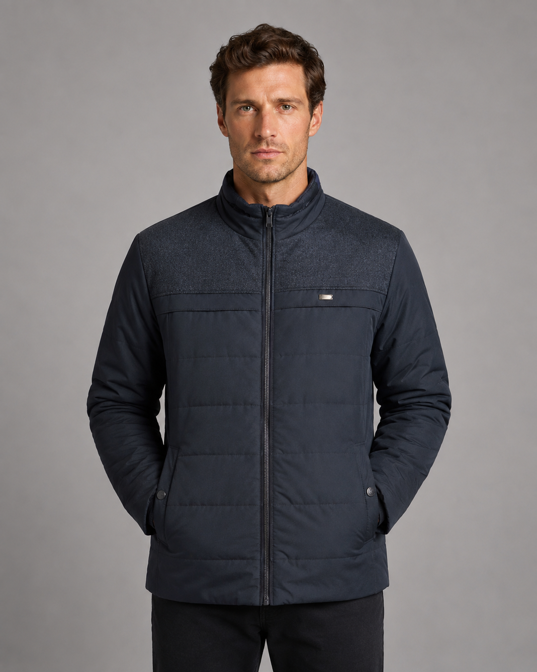 Fleece-Lined Padded Jacket for Men – High Stand Collar, Full Zip, Side Pockets