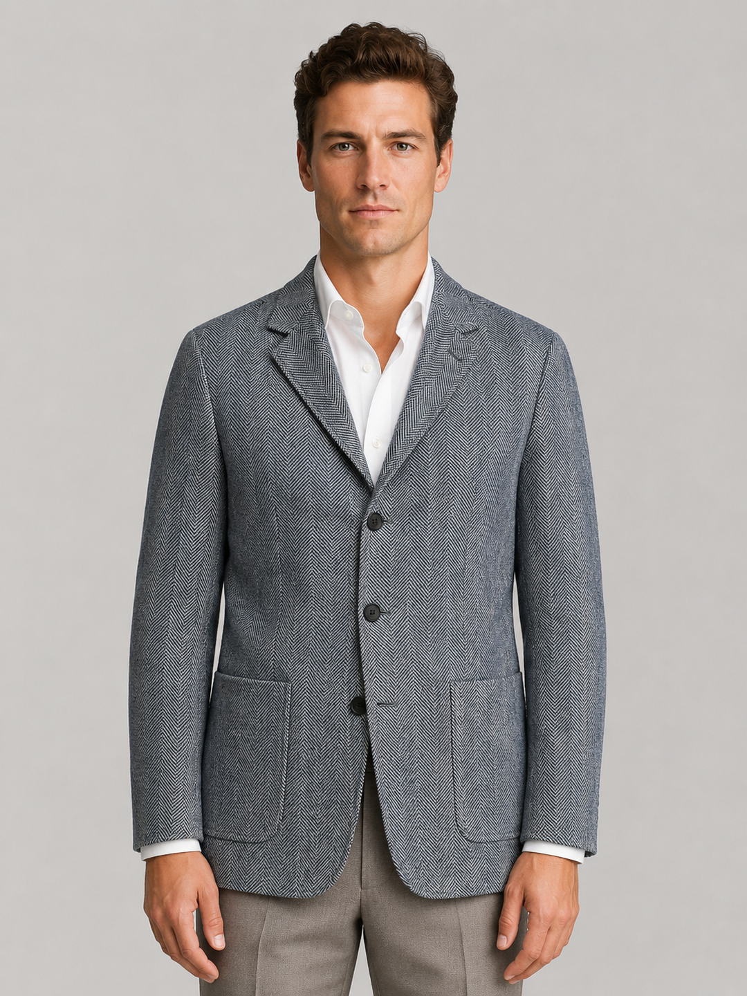 Herringbone Tailored Blazer for Men – Notched Lapel, Three Buttons, Patch Pockets