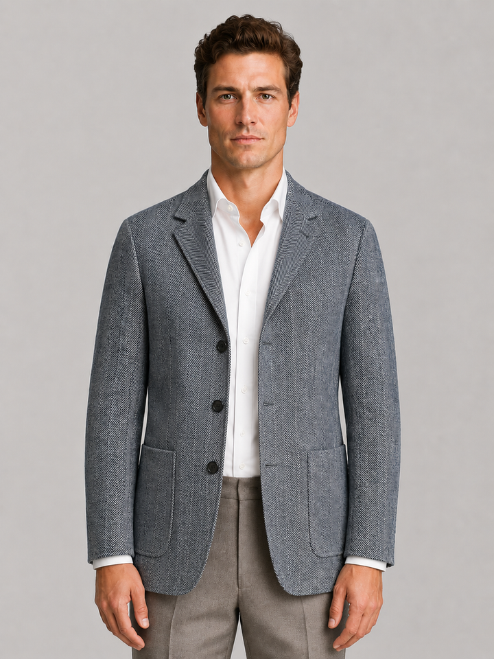 Herringbone Tailored Blazer for Men – Notched Lapel, Three Buttons, Patch Pockets