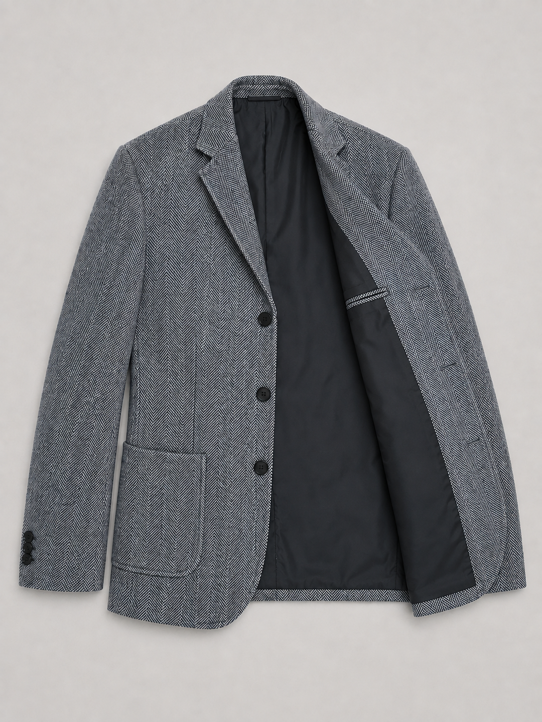 Herringbone Tailored Blazer for Men – Notched Lapel, Three Buttons, Patch Pockets