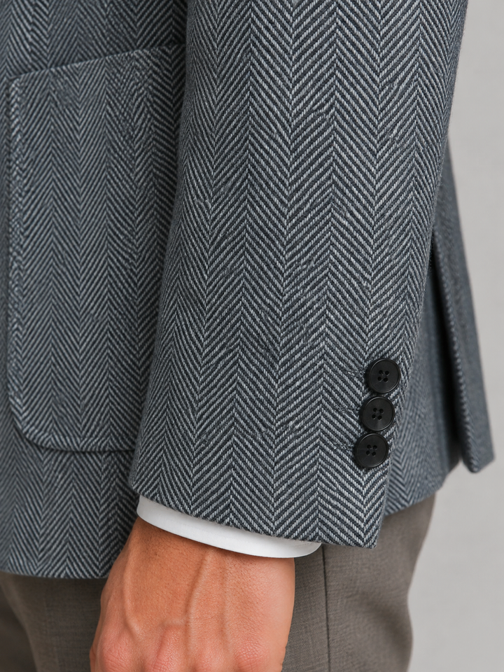 Herringbone Tailored Blazer for Men – Notched Lapel, Three Buttons, Patch Pockets