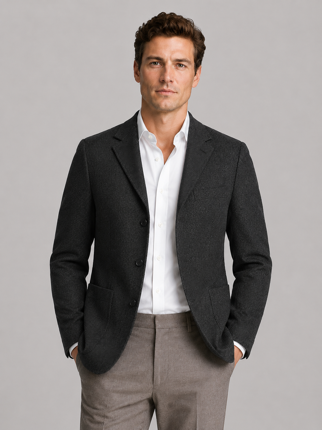 Herringbone Tailored Blazer for Men – Notched Lapel, Three Buttons, Patch Pockets