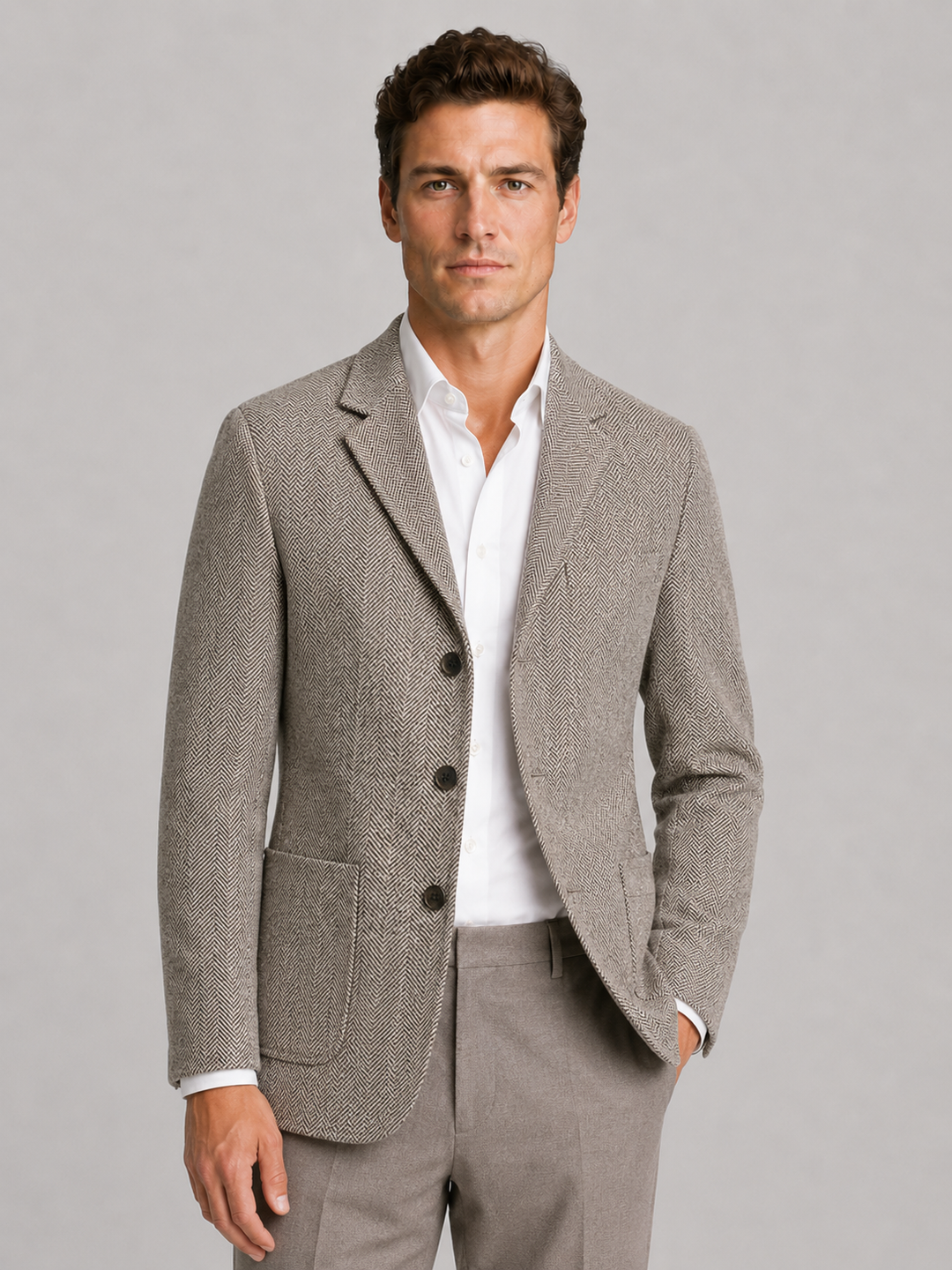 Herringbone Tailored Blazer for Men – Notched Lapel, Three Buttons, Patch Pockets