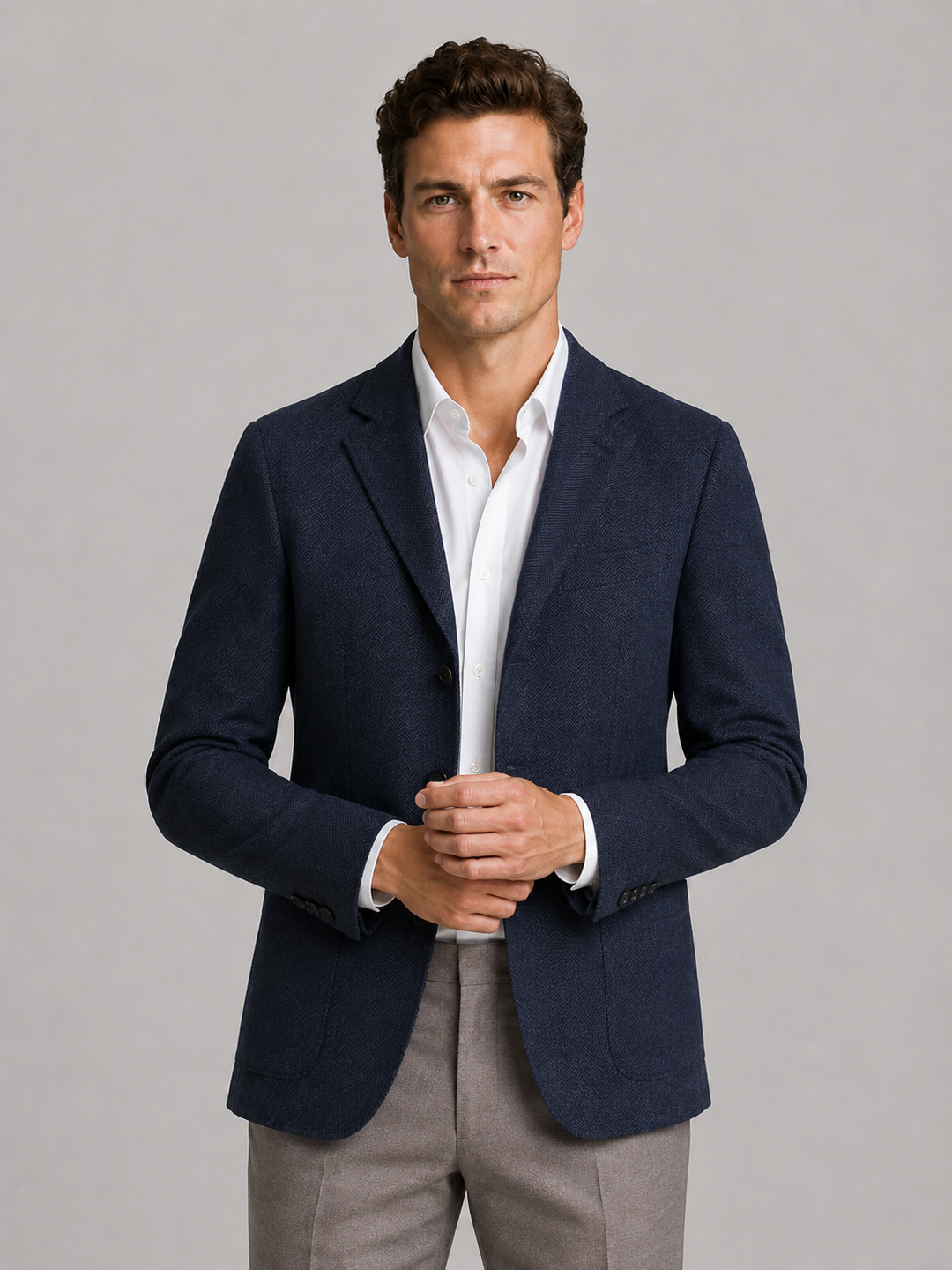Herringbone Tailored Blazer for Men – Notched Lapel, Three Buttons, Patch Pockets