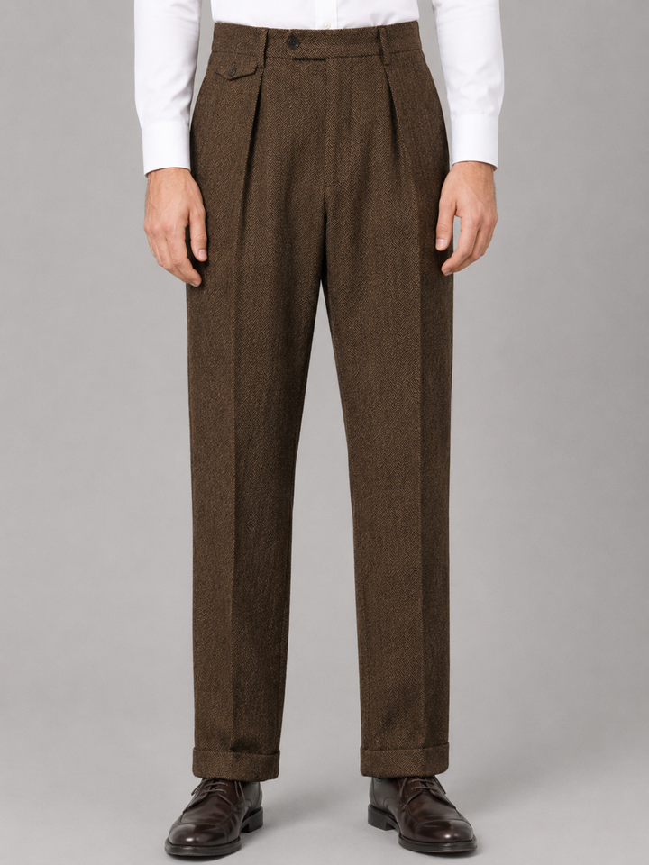 Straight-Leg Viscose Herringbone Pants for Men – Pleated Front, Turn-Up Cuffs
