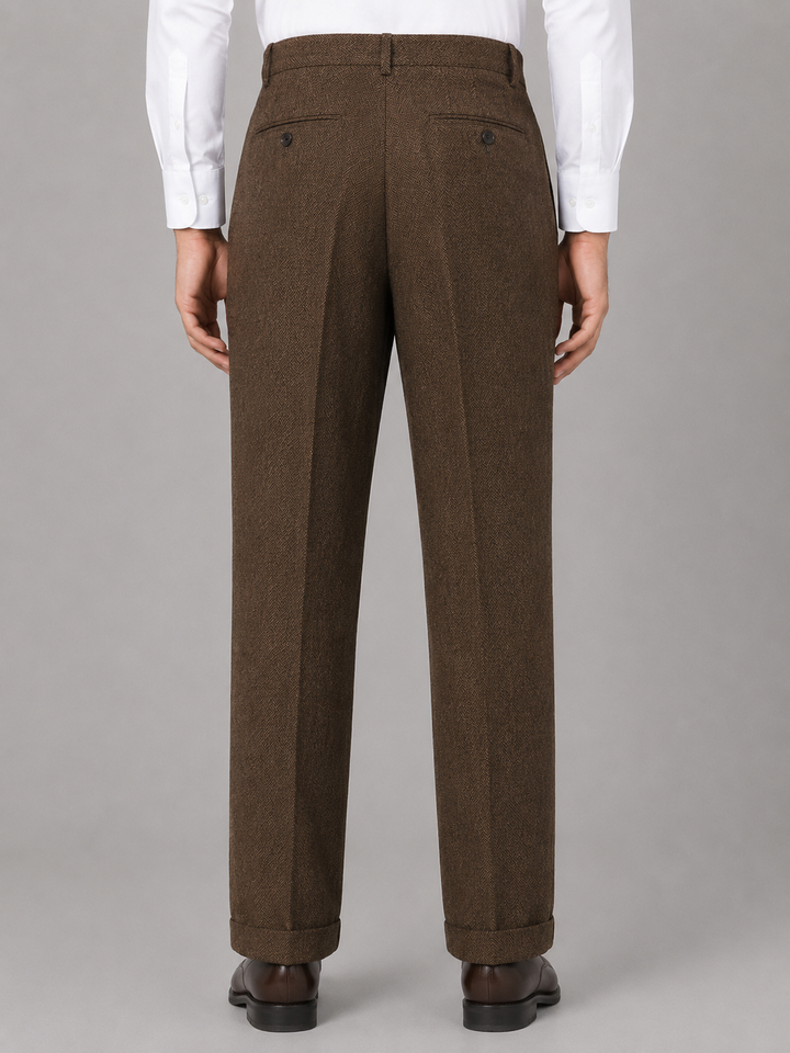 Straight-Leg Viscose Herringbone Pants for Men – Pleated Front, Turn-Up Cuffs