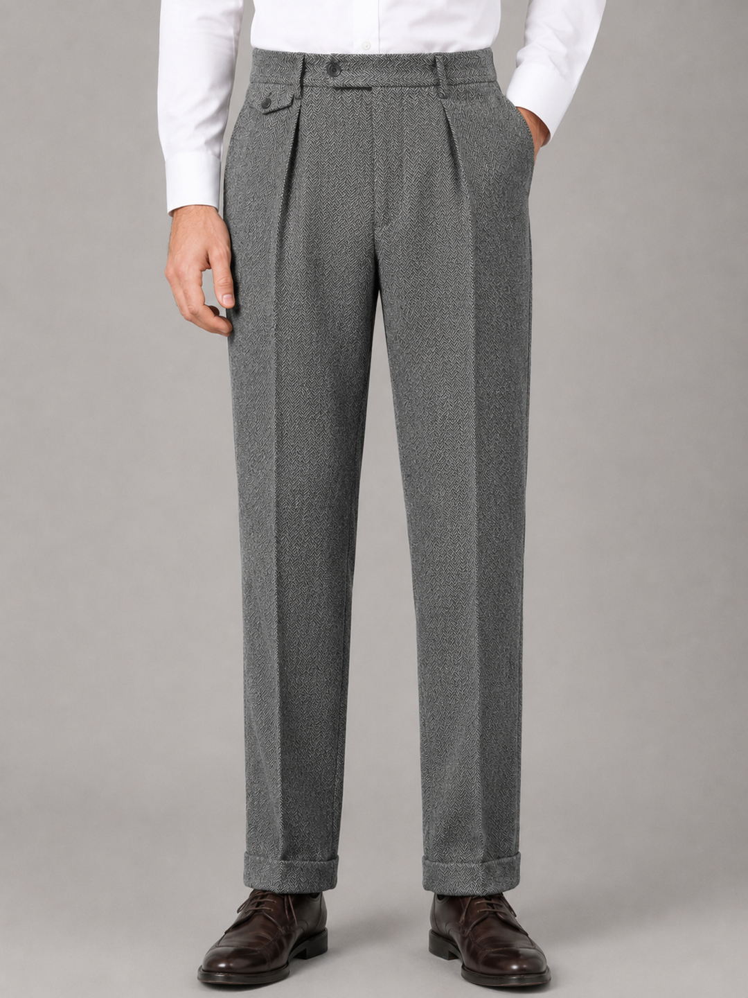 Straight-Leg Viscose Herringbone Pants for Men – Pleated Front, Turn-Up Cuffs