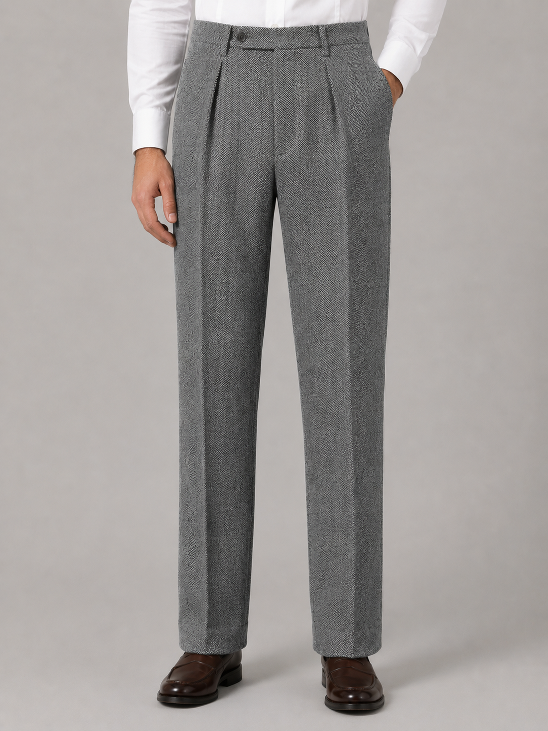 High-Waisted Herringbone Pleated Pants for Men – Straight Leg, Belt Loops