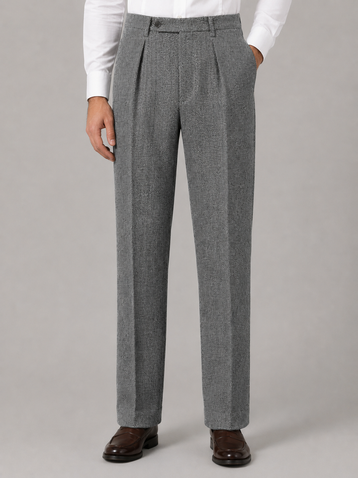High-Waisted Herringbone Pleated Pants for Men – Straight Leg, Belt Loops