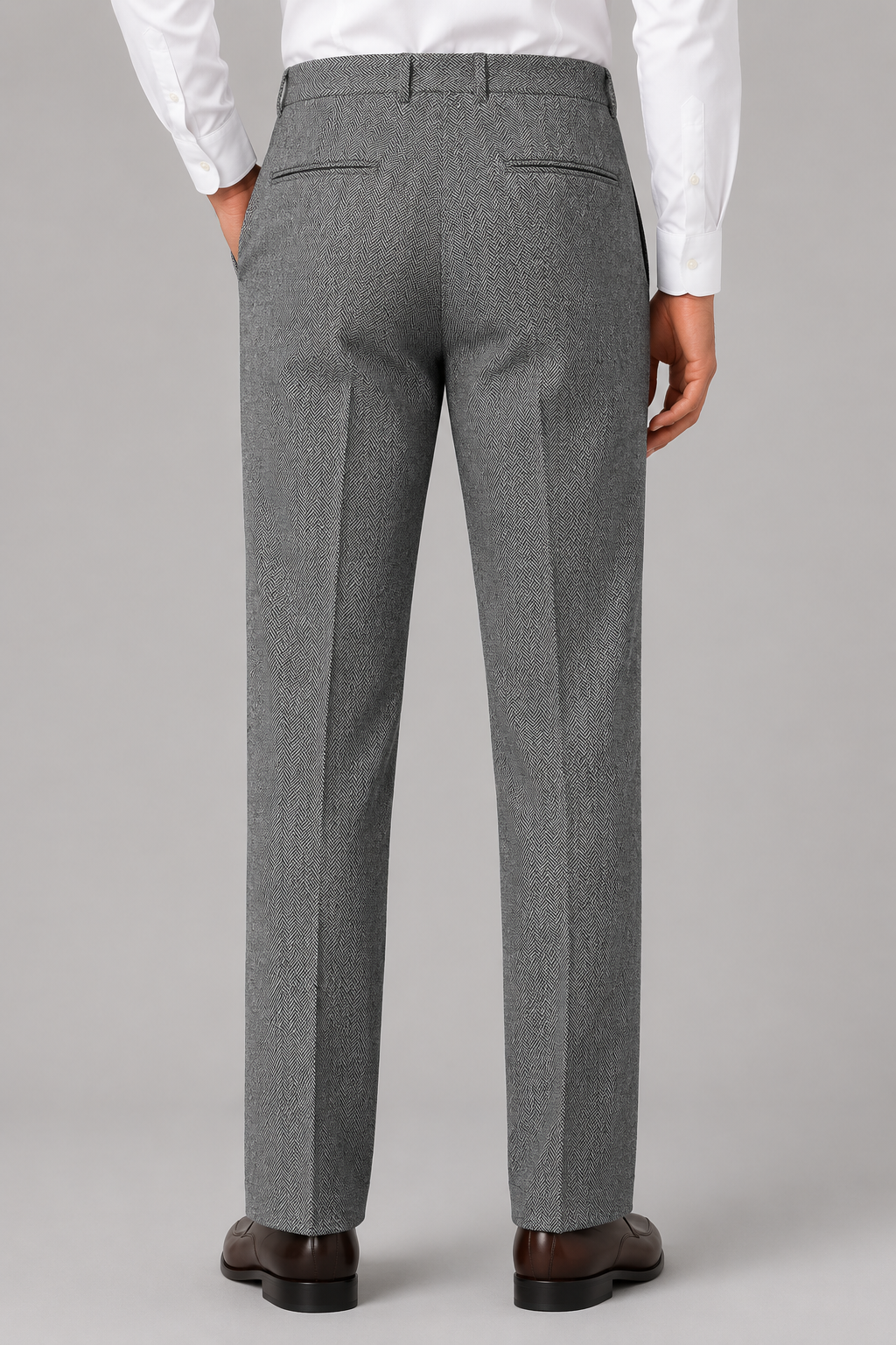 High-Waisted Herringbone Pleated Pants for Men – Straight Leg, Belt Loops