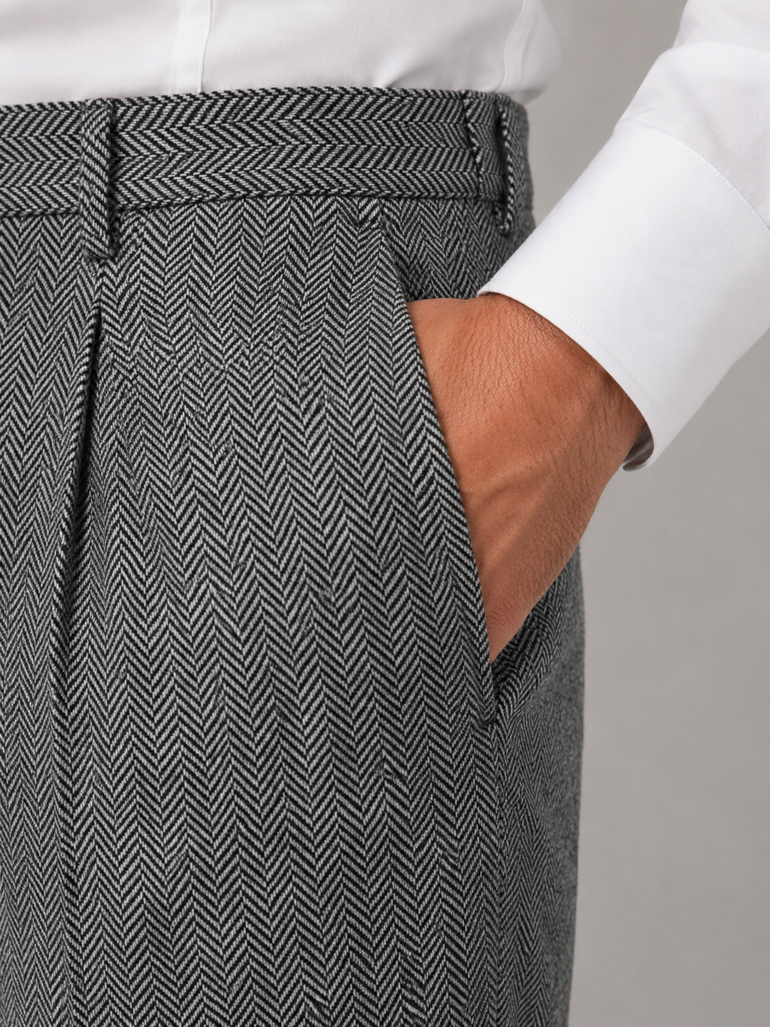 High-Waisted Herringbone Pleated Pants for Men – Straight Leg, Belt Loops