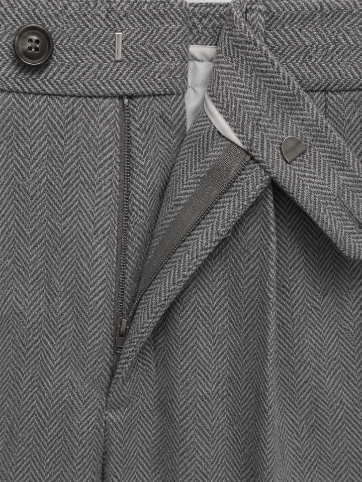 High-Waisted Herringbone Pleated Pants for Men – Straight Leg, Belt Loops