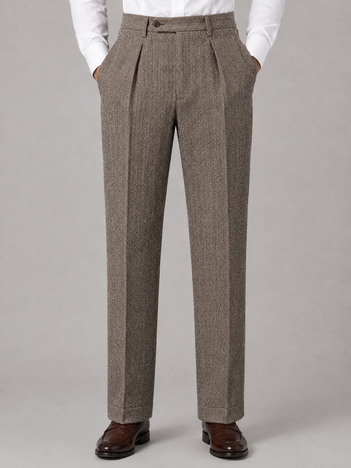 High-Waisted Herringbone Pleated Pants for Men – Straight Leg, Belt Loops