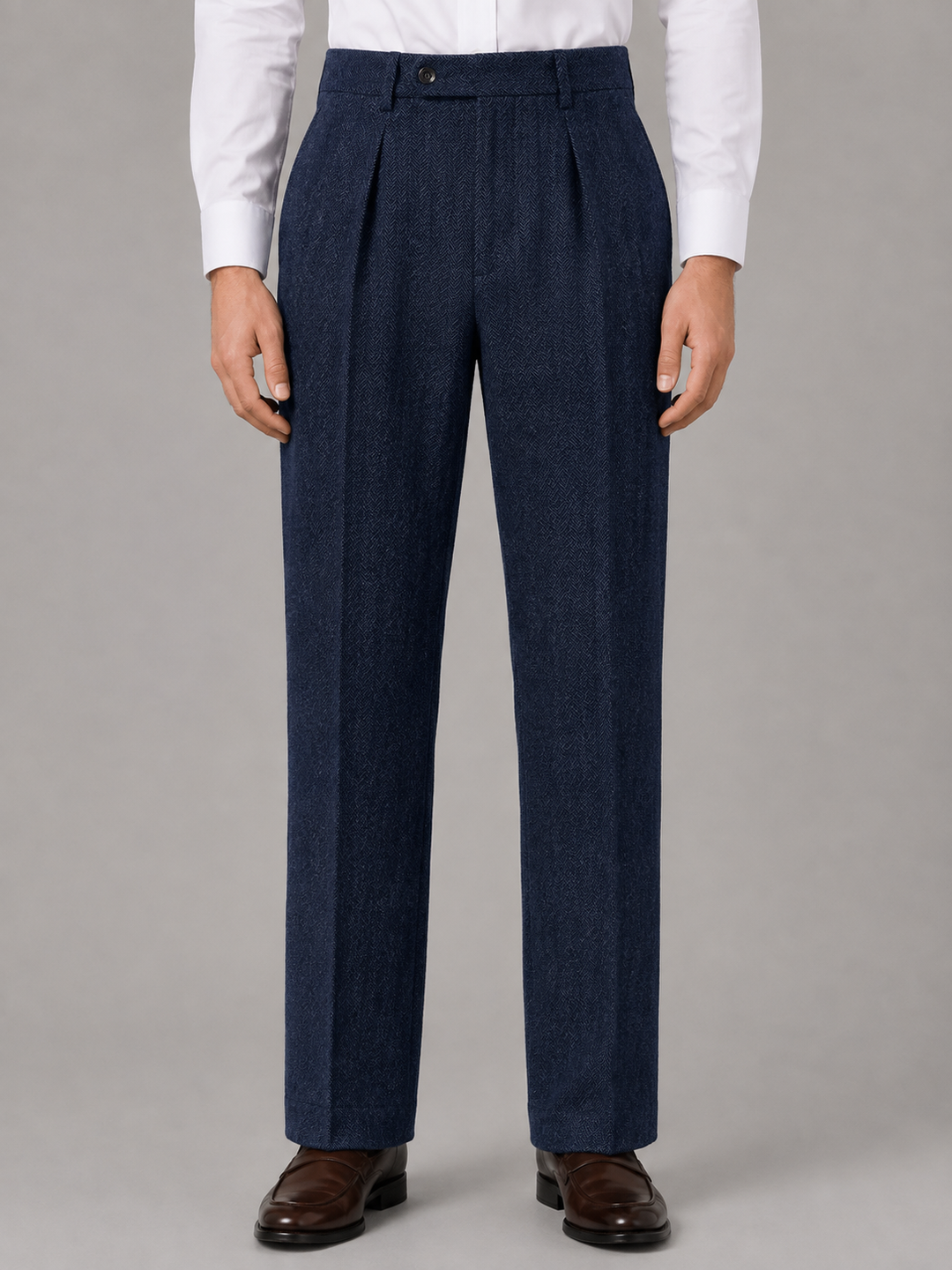 High-Waisted Herringbone Pleated Pants for Men – Straight Leg, Belt Loops