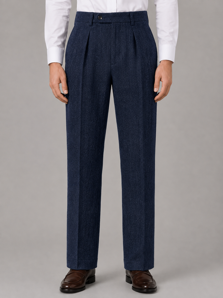 High-Waisted Herringbone Pleated Pants for Men – Straight Leg, Belt Loops