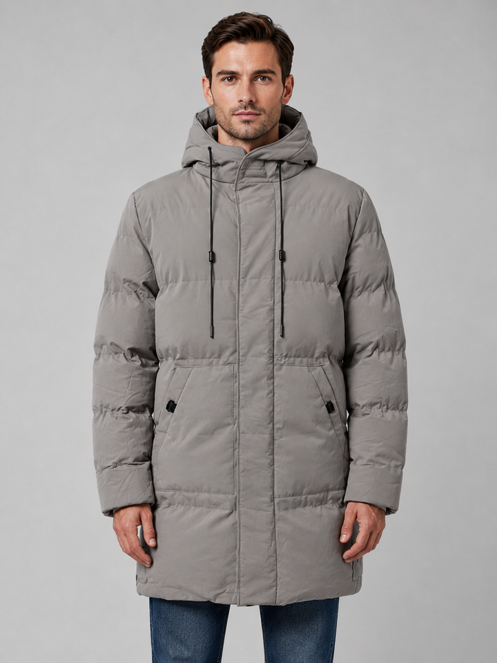 Longline Padded Parka for Men – Drawcord Hood, Concealed Zip, Large Pockets