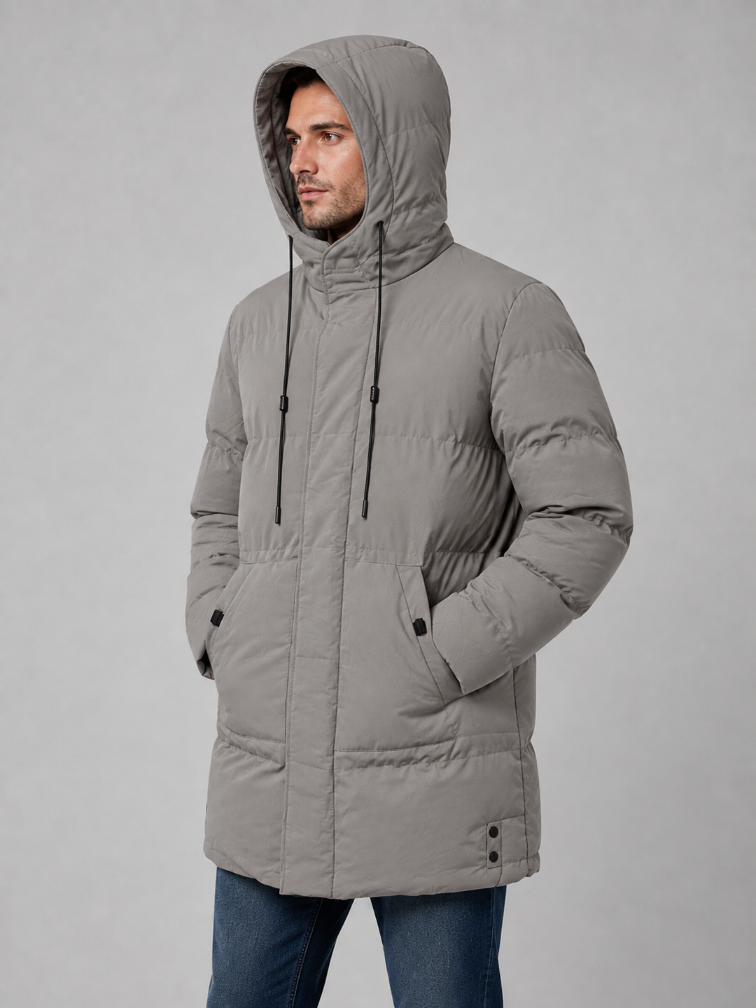 Longline Padded Parka for Men – Drawcord Hood, Concealed Zip, Large Pockets