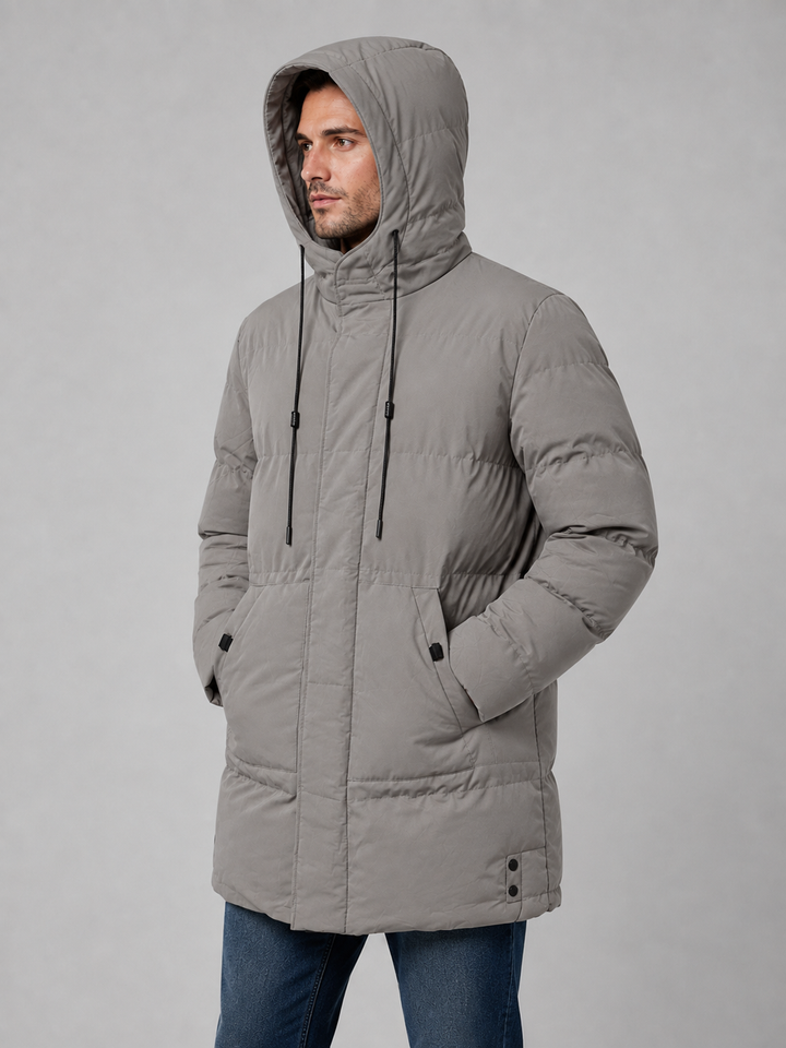 Longline Padded Parka for Men – Drawcord Hood, Concealed Zip, Large Pockets