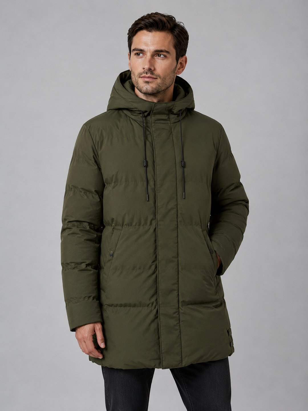 Longline Padded Parka for Men – Drawcord Hood, Concealed Zip, Large Pockets