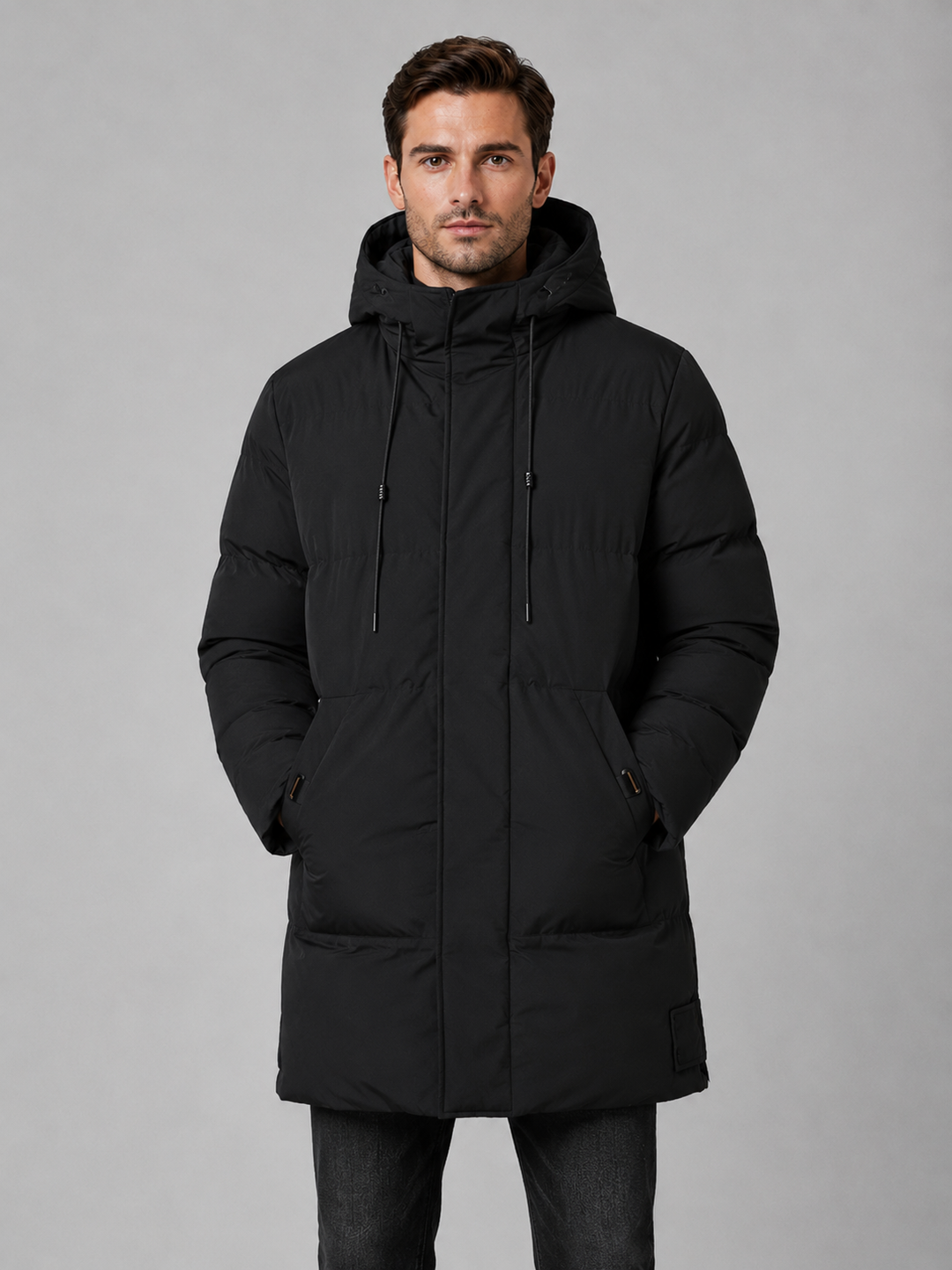 Longline Padded Parka for Men – Drawcord Hood, Concealed Zip, Large Pockets