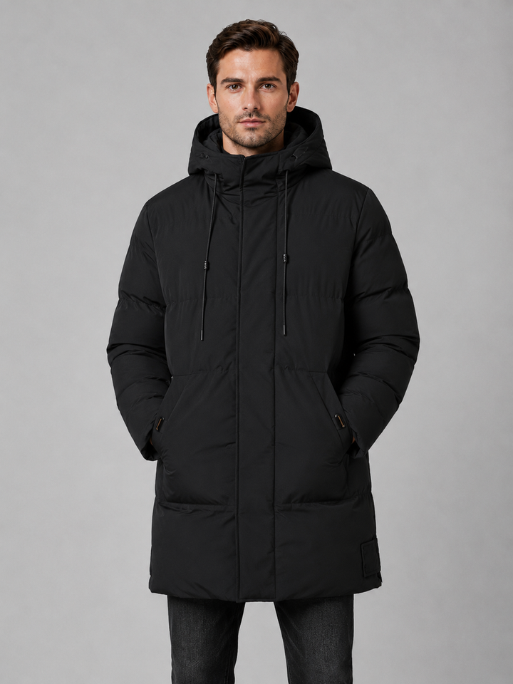 Longline Padded Parka for Men – Drawcord Hood, Concealed Zip, Large Pockets
