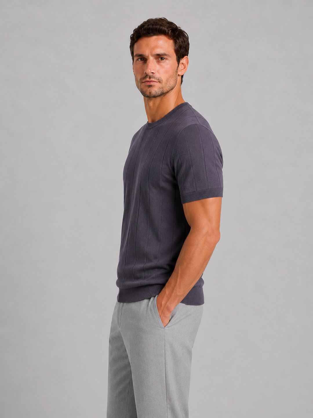 Fine Knit Short Sleeve Tee for Men – Crew Neck, Ribbed Neckline and Hem