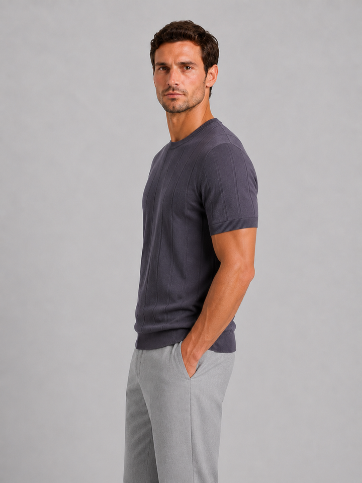Fine Knit Short Sleeve Tee for Men – Crew Neck, Ribbed Neckline and Hem