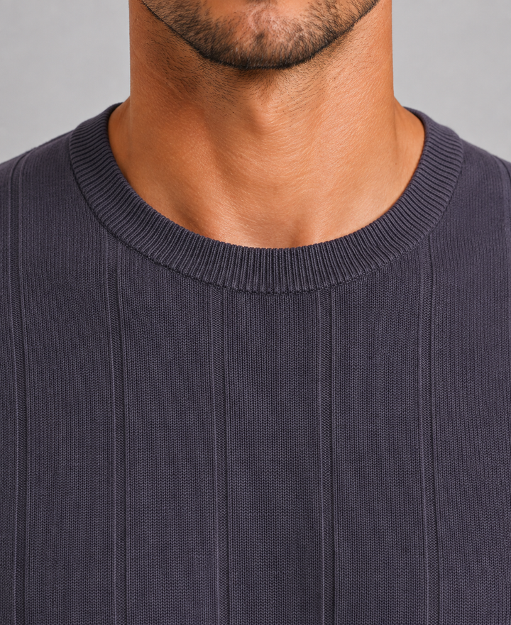 Fine Knit Short Sleeve Tee for Men – Crew Neck, Ribbed Neckline and Hem