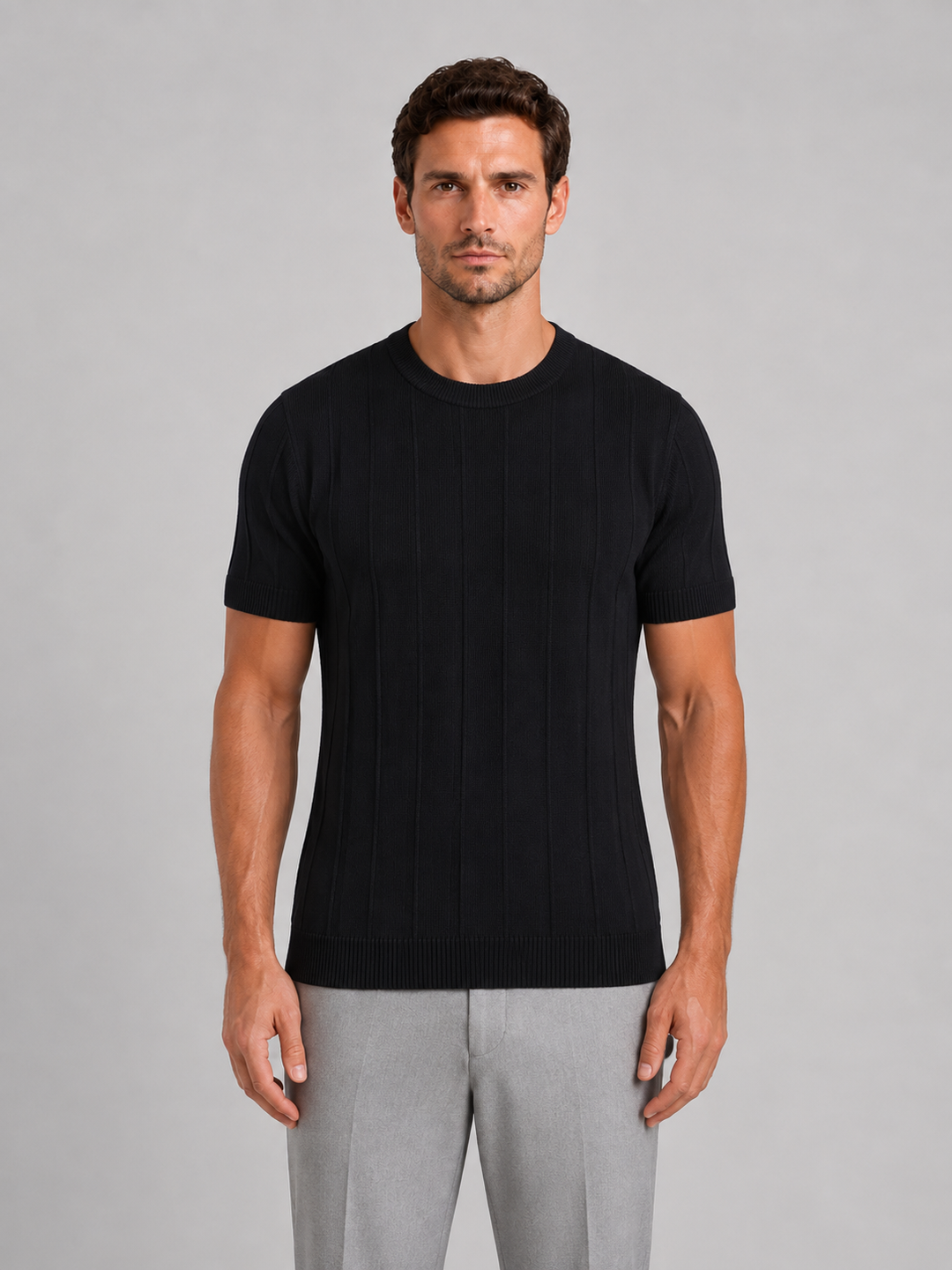 Fine Knit Short Sleeve Tee for Men – Crew Neck, Ribbed Neckline and Hem