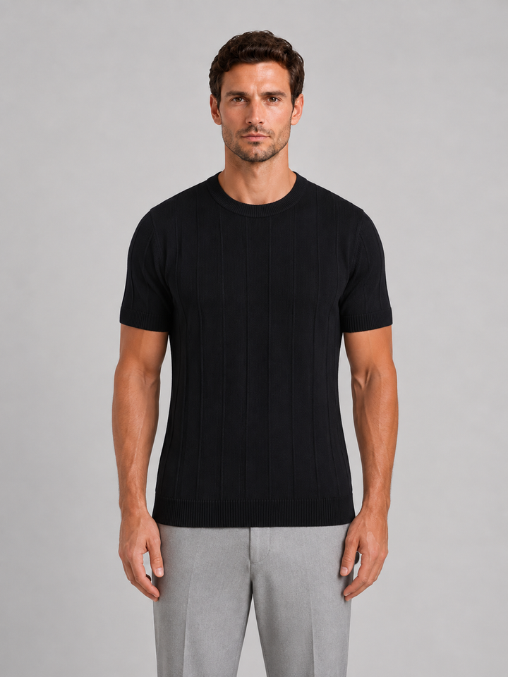 Fine Knit Short Sleeve Tee for Men – Crew Neck, Ribbed Neckline and Hem
