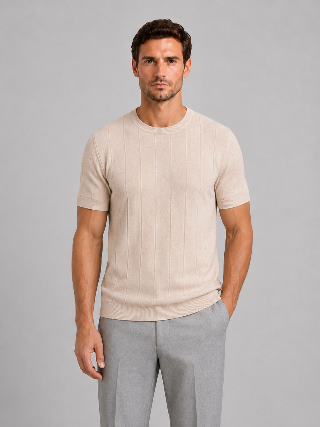 Fine Knit Short Sleeve Tee for Men – Crew Neck, Ribbed Neckline and Hem