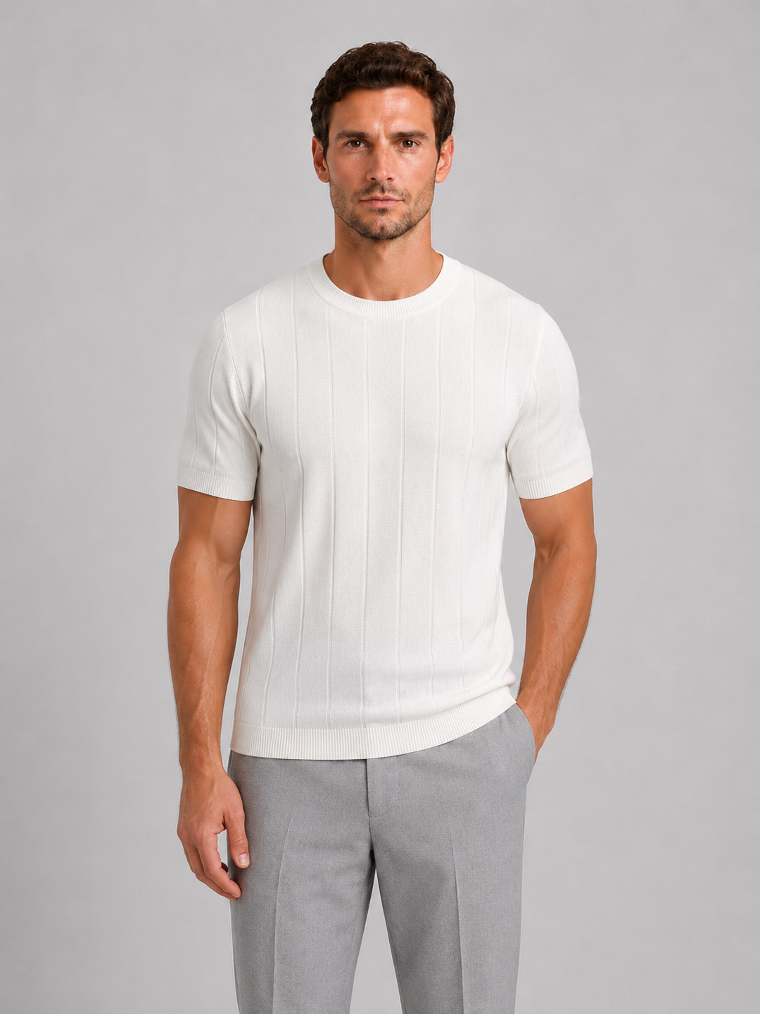 Fine Knit Short Sleeve Tee for Men – Crew Neck, Ribbed Neckline and Hem