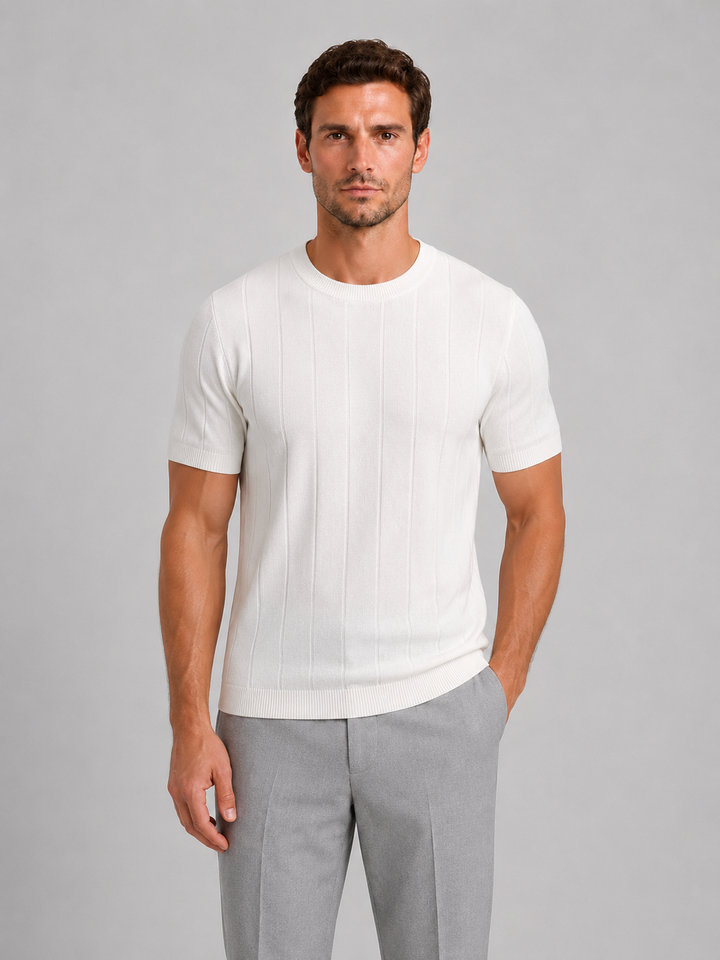 Fine Knit Short Sleeve Tee for Men – Crew Neck, Ribbed Neckline and Hem
